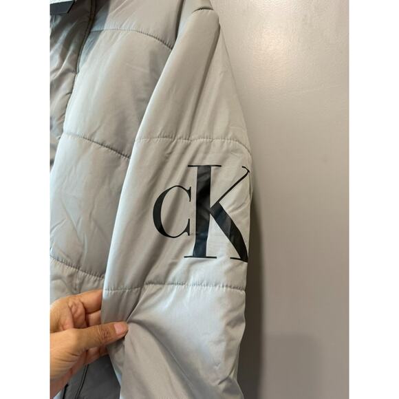 NWT Calvin Klein Jean Gray Puffer Zip Hoodie fleece lined Jacket large L-14/16 - Picture 9 of 12